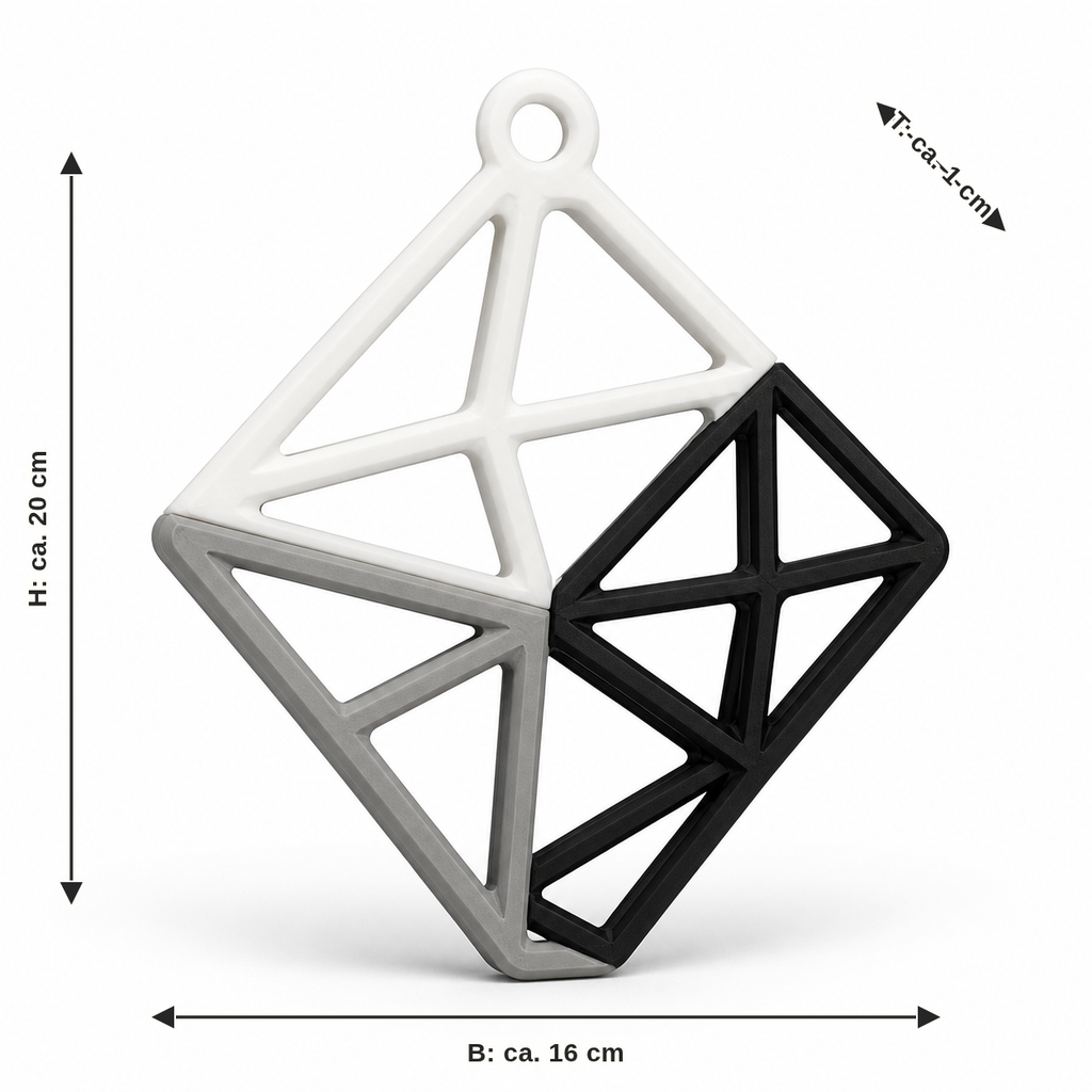 Maßbild für Geometrischer Fensteranhänger aus zwei Würfeln: Breite ca. 16 cm, Tiefe ca. 1 cm, Höhe ca. 20 cm