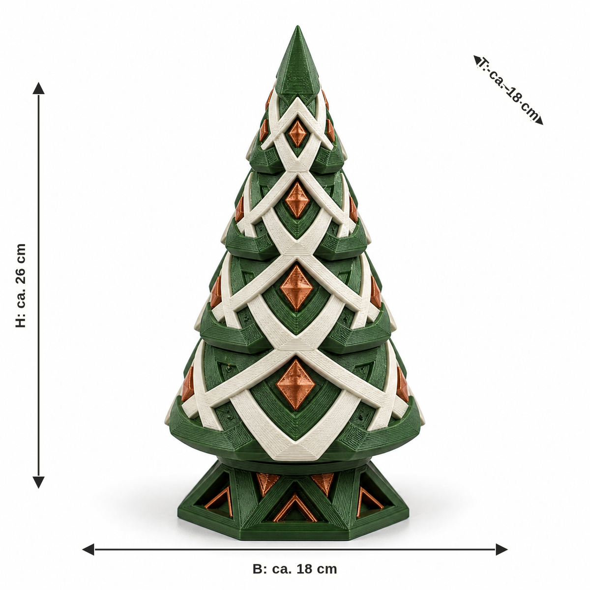 Maßbild für Geometrischer Runen-Weihnachtsbaum in Grün und Creme: Breite ca. 18 cm, Tiefe ca. 18 cm, Höhe ca. 26 cm