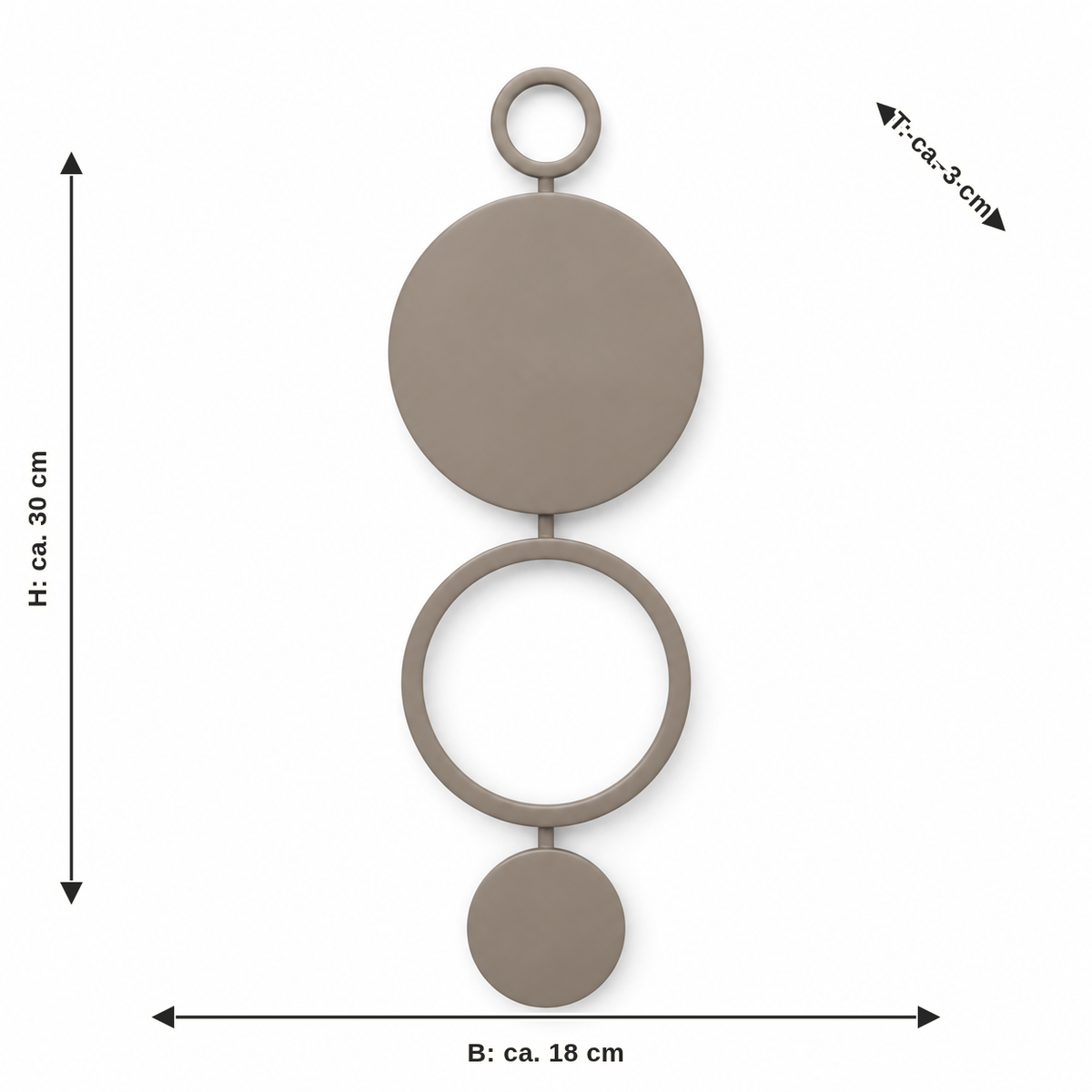 Dimensional image for geometric door hanger in taupe: width approx. 18 cm, depth approx. 3 cm, height approx. 30 cm