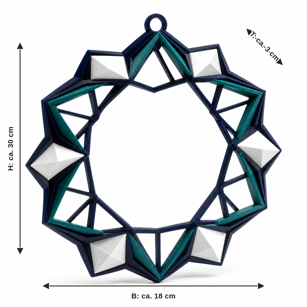 Maßbild für Geometrischer Türhänger mit Facettenring: Breite ca. 18 cm, Tiefe ca. 3 cm, Höhe ca. 30 cm