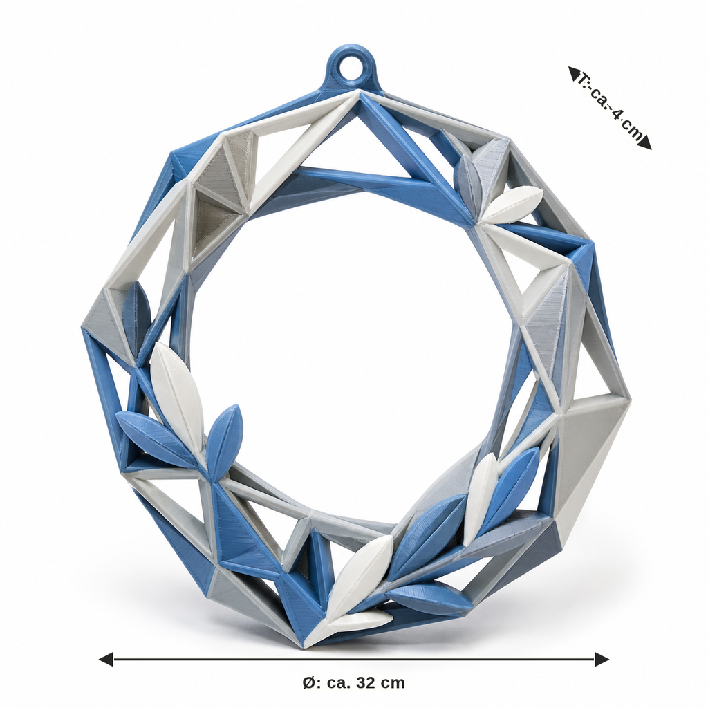 Maßbild für Geometrischer Türkranz aus Blattfacetten: Durchmesser ca. 32 cm, Tiefe ca. 4 cm