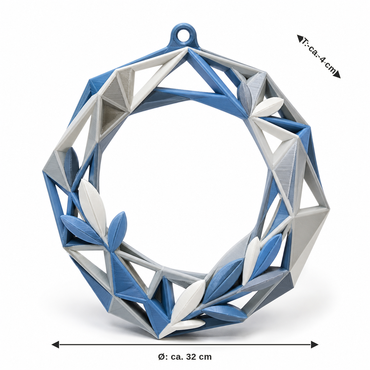 Maßbild für Geometrischer Türkranz aus Blattfacetten: Durchmesser ca. 32 cm, Tiefe ca. 4 cm