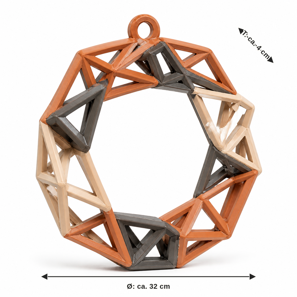 Dimensional image for Geometric door wreath in warm natural colours: diameter approx. 32 cm, depth approx. 4 cm
