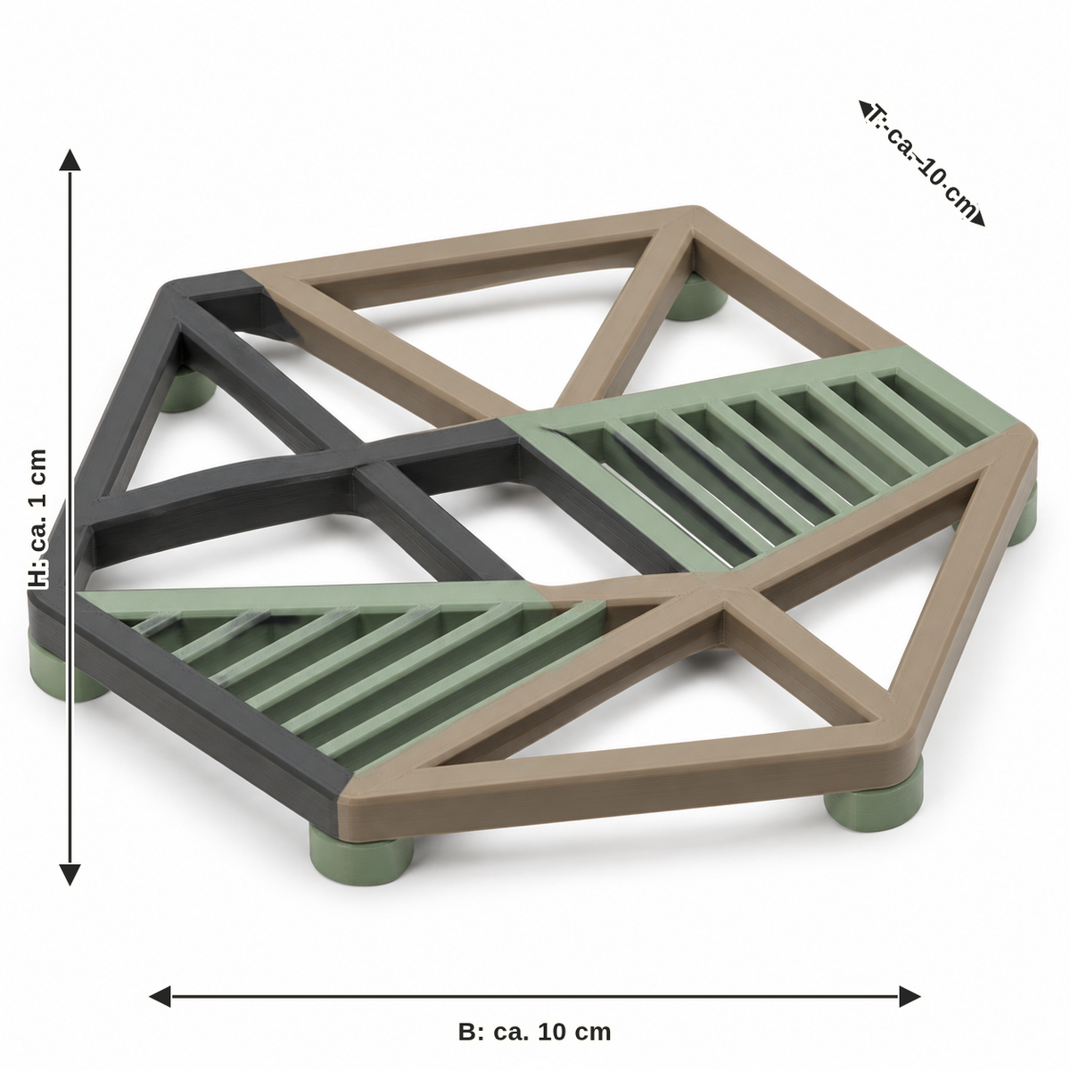 Maßbild für Geometrischer Untersetzer mit offenem Strebenmuster: Breite ca. 10 cm, Tiefe ca. 10 cm, Höhe ca. 1 cm