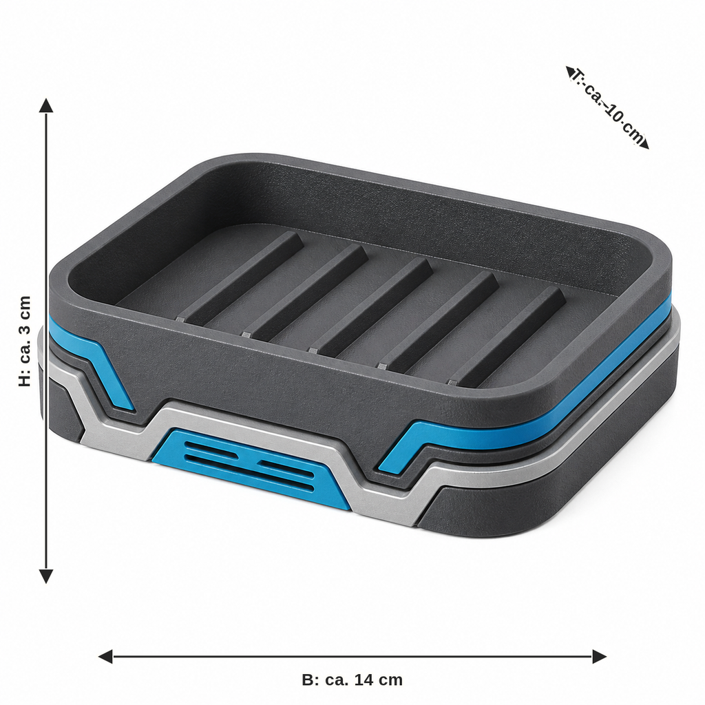 Measurement for ribbed soap dish with cyan accents: width approx. 14 cm, depth approx. 10 cm, height approx. 3 cm