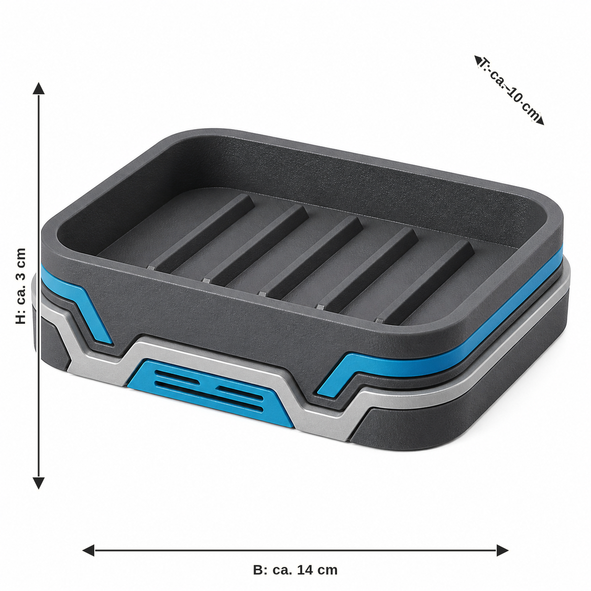Measurement for ribbed soap dish with cyan accents: width approx. 14 cm, depth approx. 10 cm, height approx. 3 cm