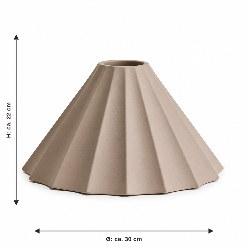 Measurement for ribbed cone lampshade in taupe: diameter approx. 30 cm, height approx. 22 cm