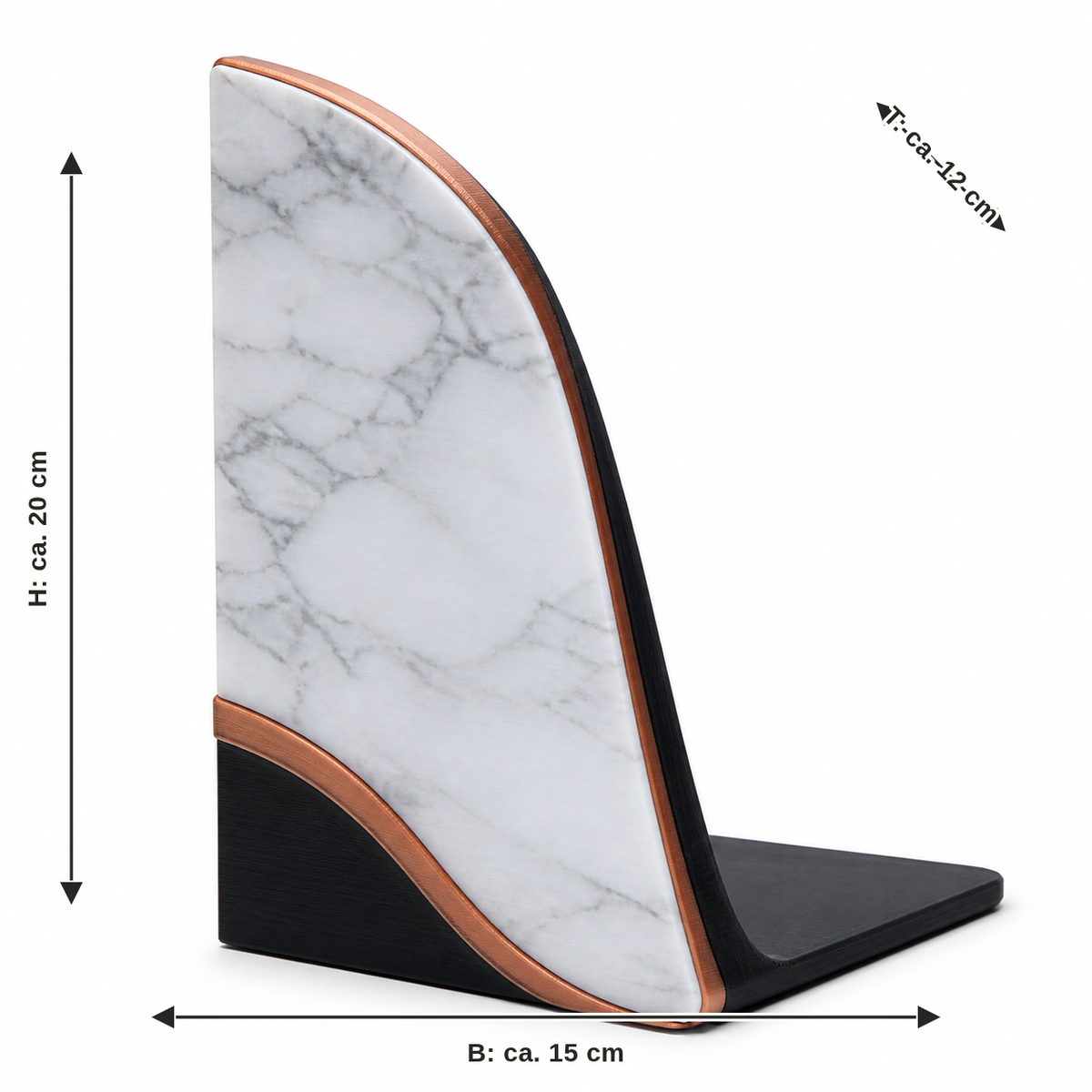 Dimensional image for curved booking in marble optics: width approx. 15 cm, depth approx. 12 cm, height approx. 20 cm