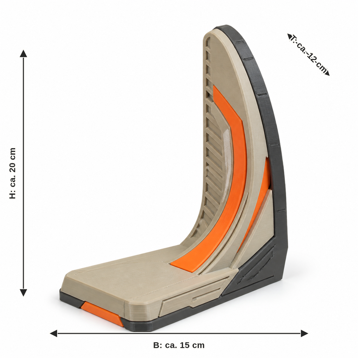 Dimensional image for curved booking with orange inlay: width about 15 cm, depth about 12 cm, height about 20 cm