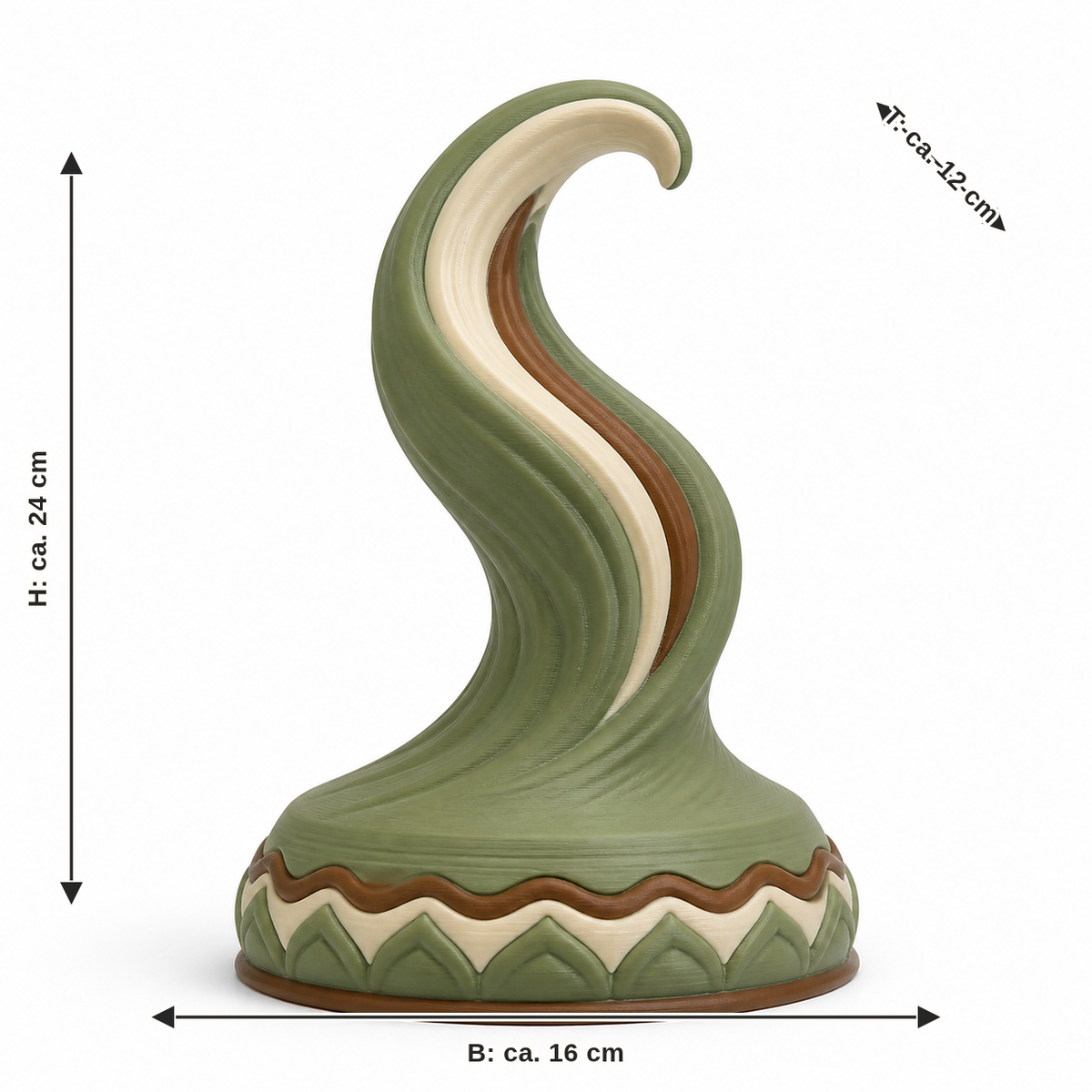 Measurement for curved flame sculpture in sage green: width approx. 16 cm, depth approx. 12 cm, height approx. 24 cm