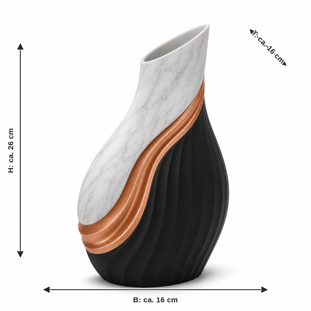 Maßbild für Geschwungene Vase in Marmoroptik und Kupfer: Breite ca. 16 cm, Tiefe ca. 16 cm, Höhe ca. 26 cm