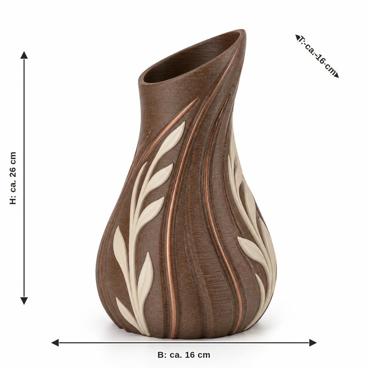 Dimensional image for curved vase with white leaves: width approx. 16 cm, depth approx. 16 cm, height approx. 26 cm