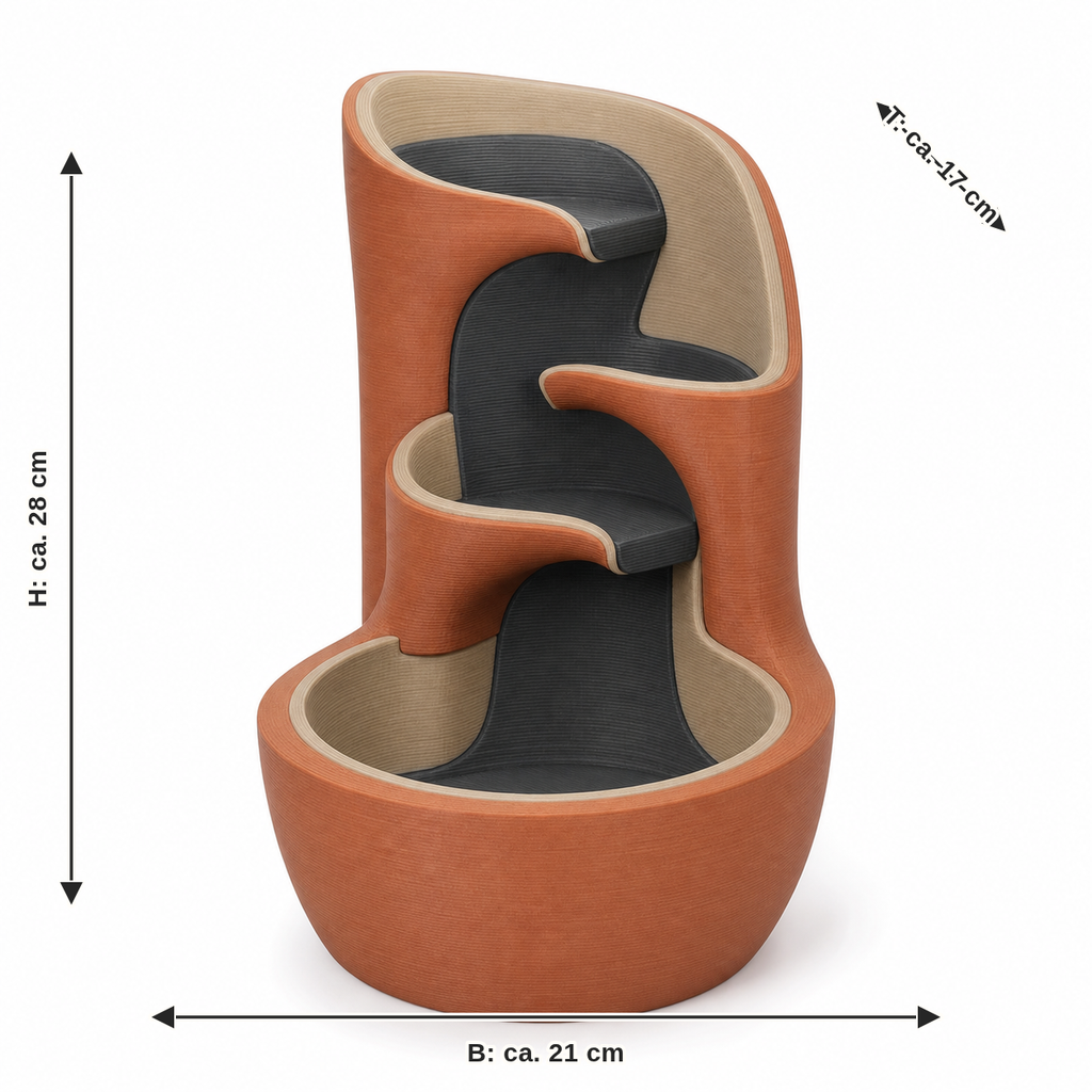 Maßbild für Geschwungener Kaskadenbrunnen in Terrakotta: Breite ca. 21 cm, Tiefe ca. 17 cm, Höhe ca. 28 cm