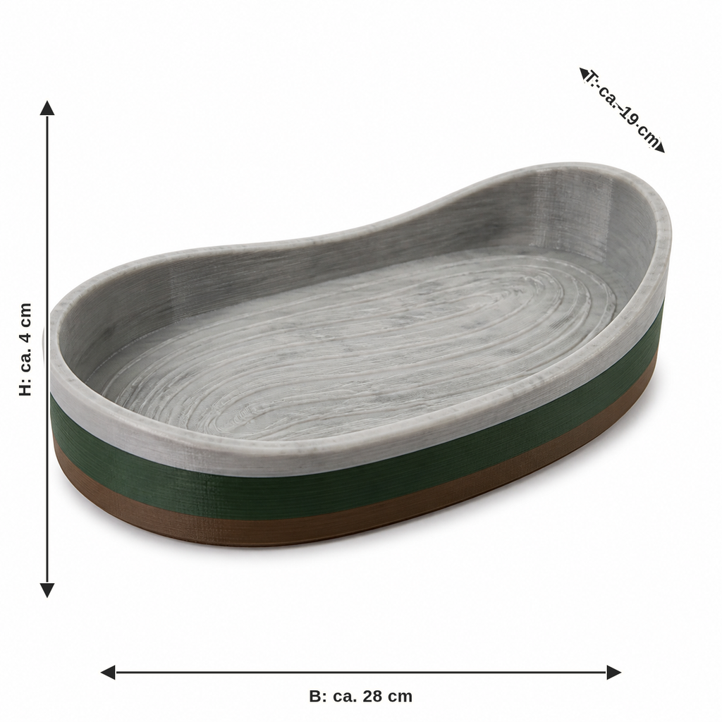 Maßbild für Geschwungenes Dekotablett in Steinoptik: Breite ca. 28 cm, Tiefe ca. 19 cm, Höhe ca. 4 cm