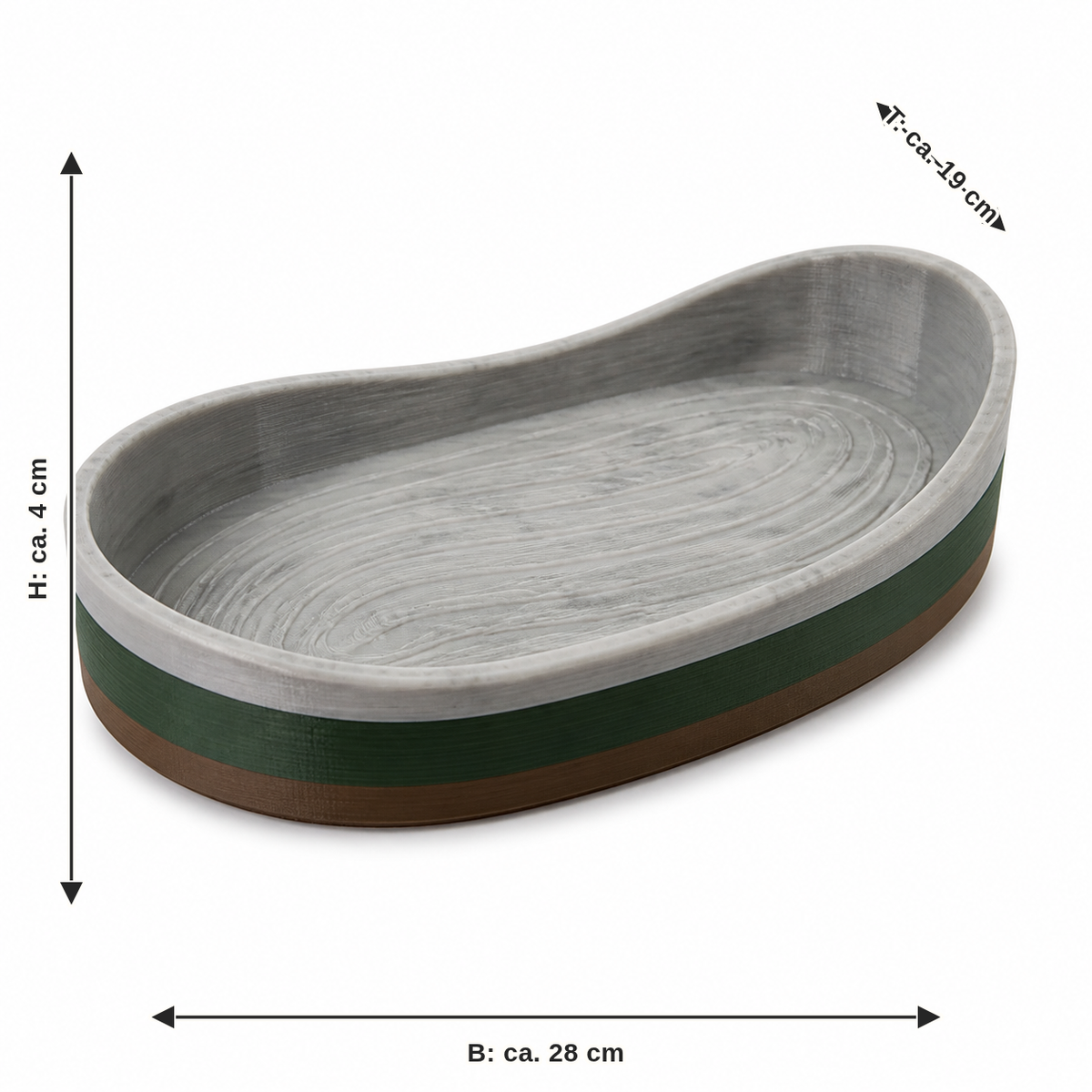 Dimensional image for curved decorative tray in stone look: width approx. 28 cm, depth approx. 19 cm, height approx. 4 cm