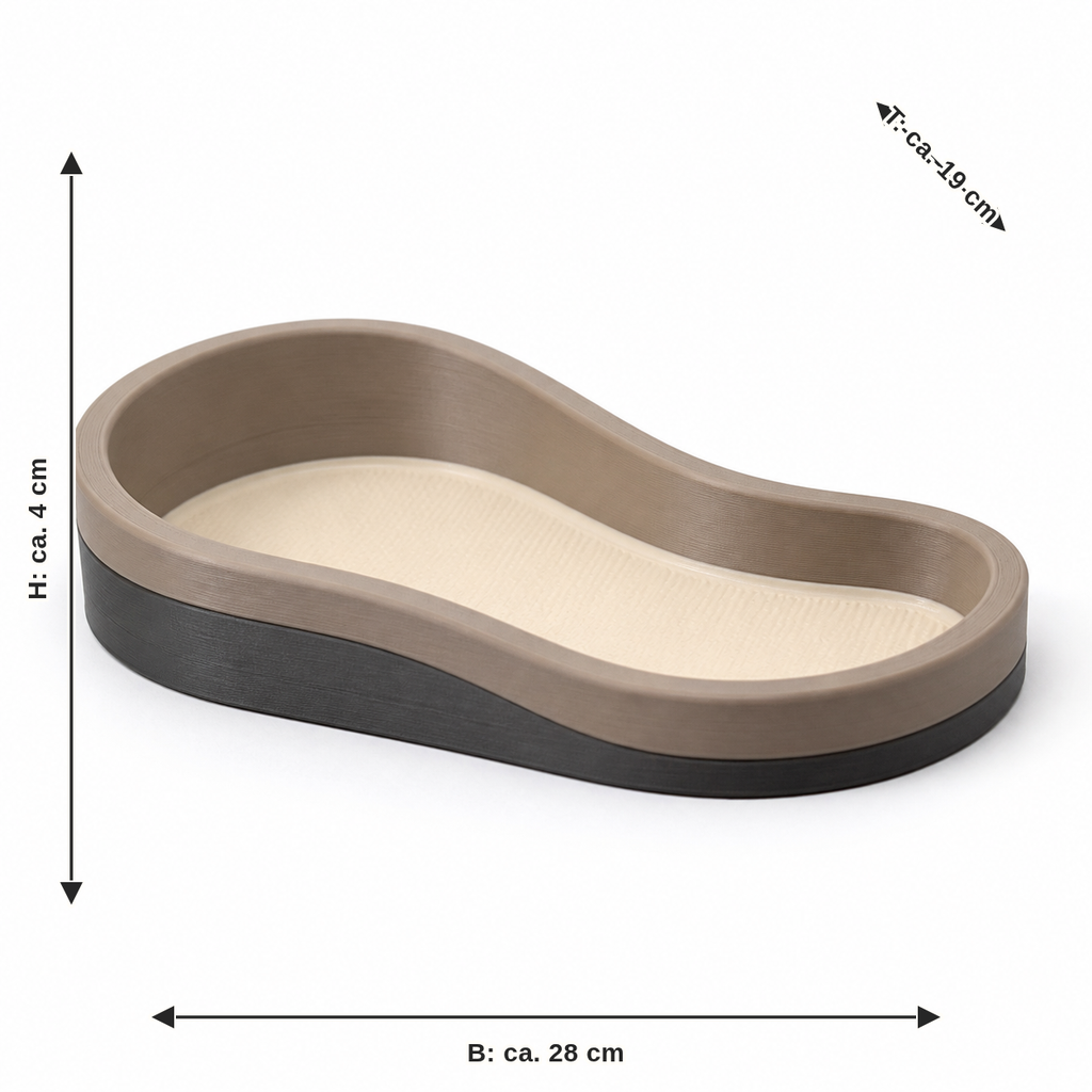 Dimensional image for curved decorative tray in taupe and cream: width approx. 28 cm, depth approx. 19 cm, height approx. 4 cm