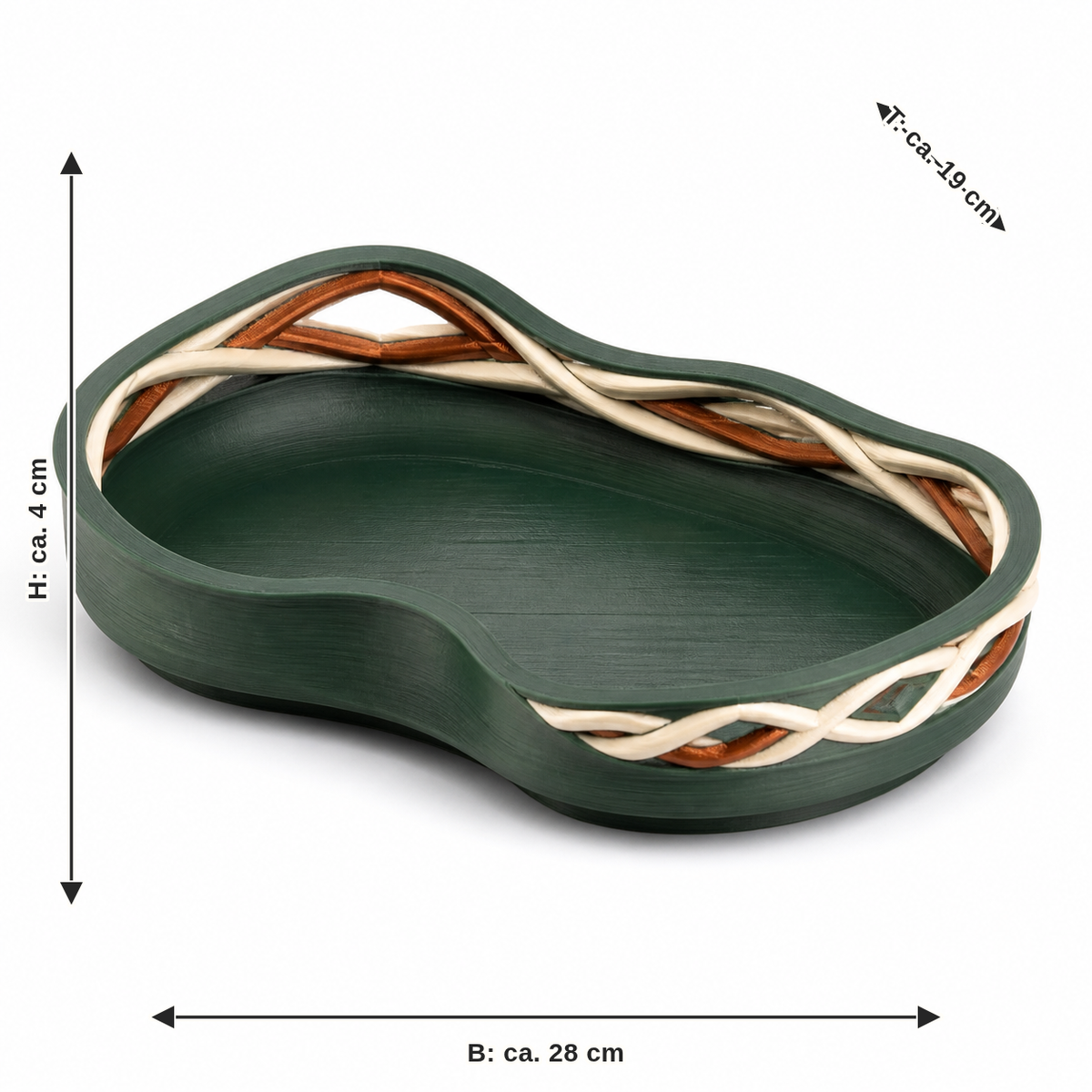 Maßbild für Geschwungenes Dekotablett mit Endlosband: Breite ca. 28 cm, Tiefe ca. 19 cm, Höhe ca. 4 cm