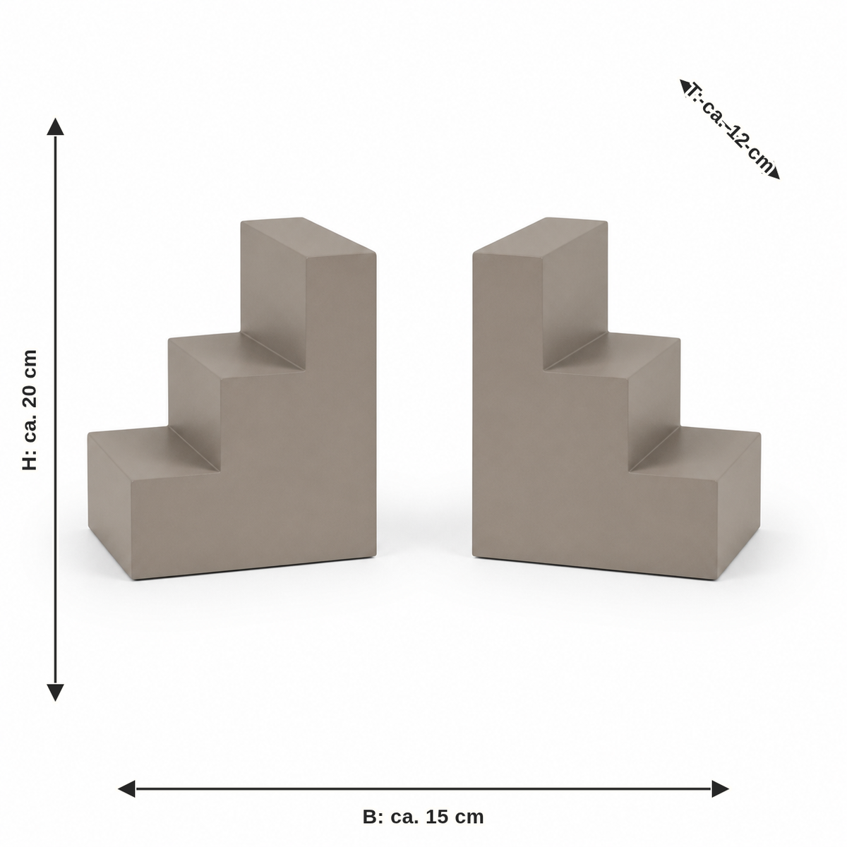 Measurement for stepped bookends in taupe: width approx. 15 cm, depth approx. 12 cm, height approx. 20 cm