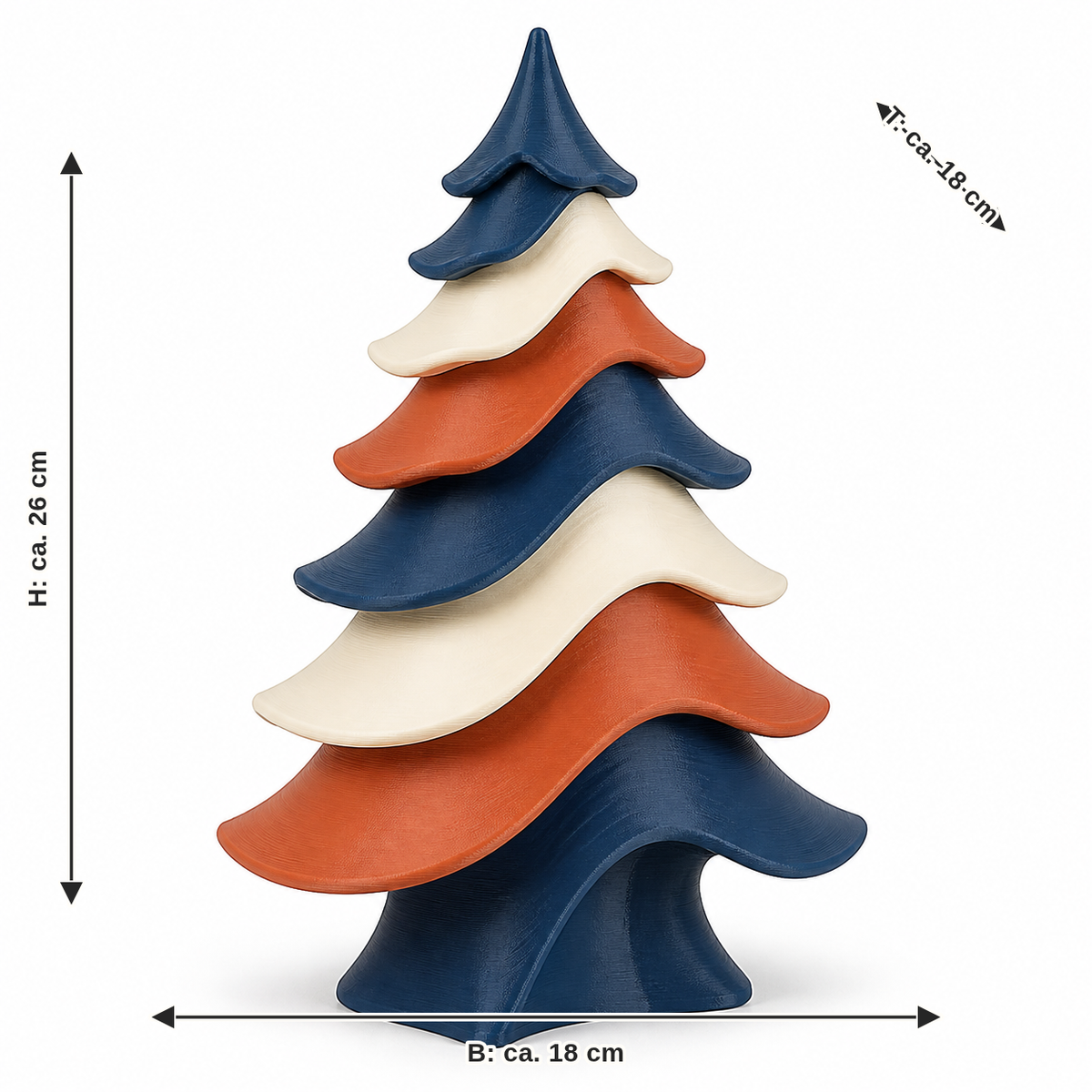 Maßbild für Gestufter Deko-Weihnachtsbaum in Navy und Terrakotta: Breite ca. 18 cm, Tiefe ca. 18 cm, Höhe ca. 26 cm