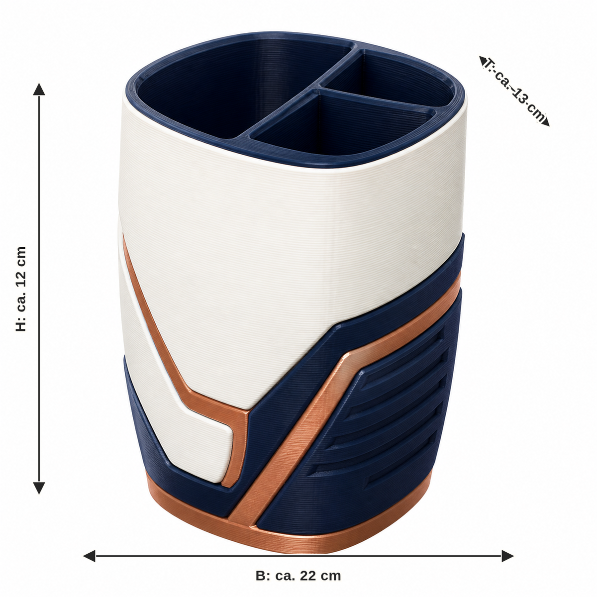 Dimensional image for shared bathroom organiser in cream and dark blue: width approx. 22 cm, depth approx. 13 cm, height approx. 12 cm