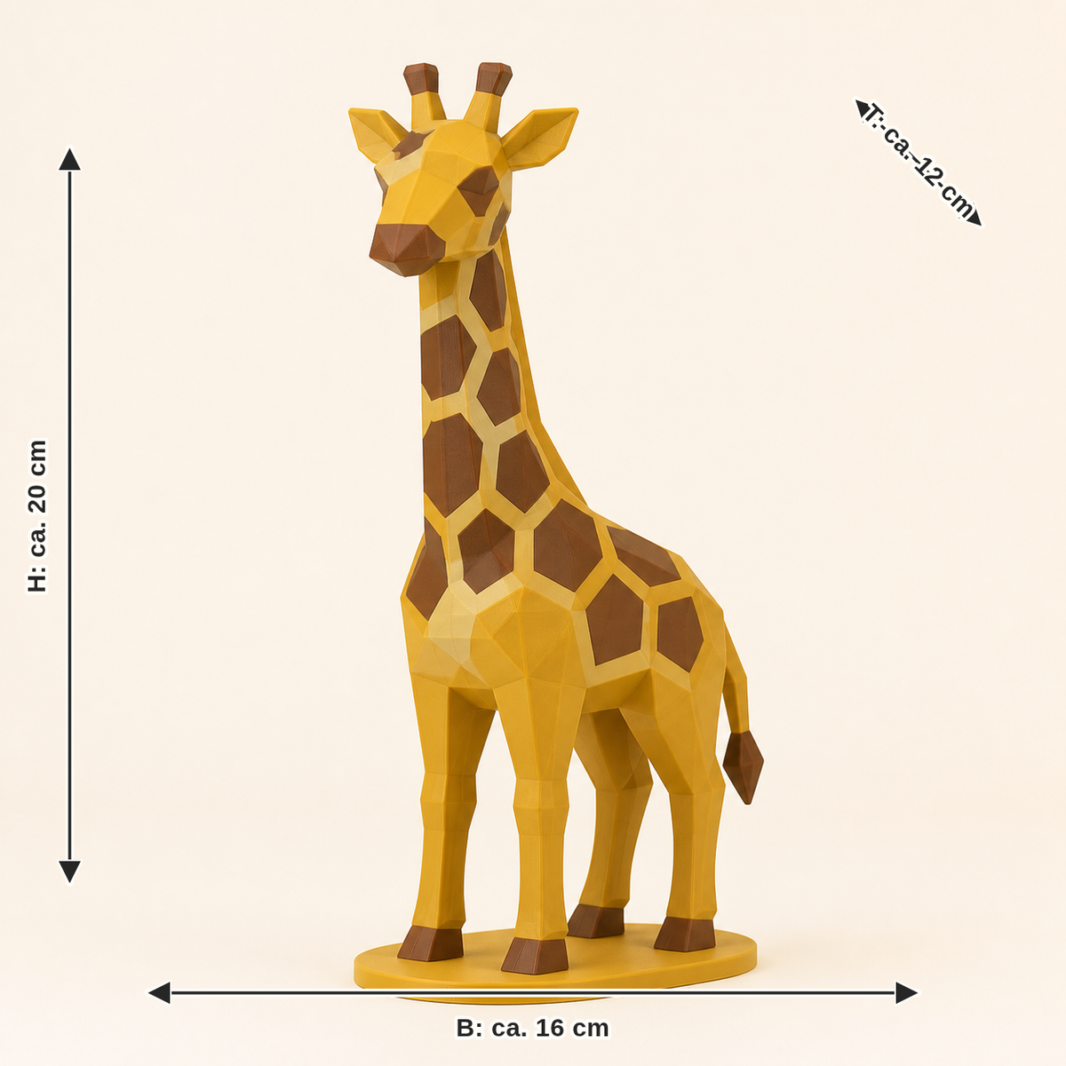 Maßbild für Giraffe-Low-Poly-Skulptur Facettenfigur: Breite ca. 16 cm, Tiefe ca. 12 cm, Höhe ca. 20 cm