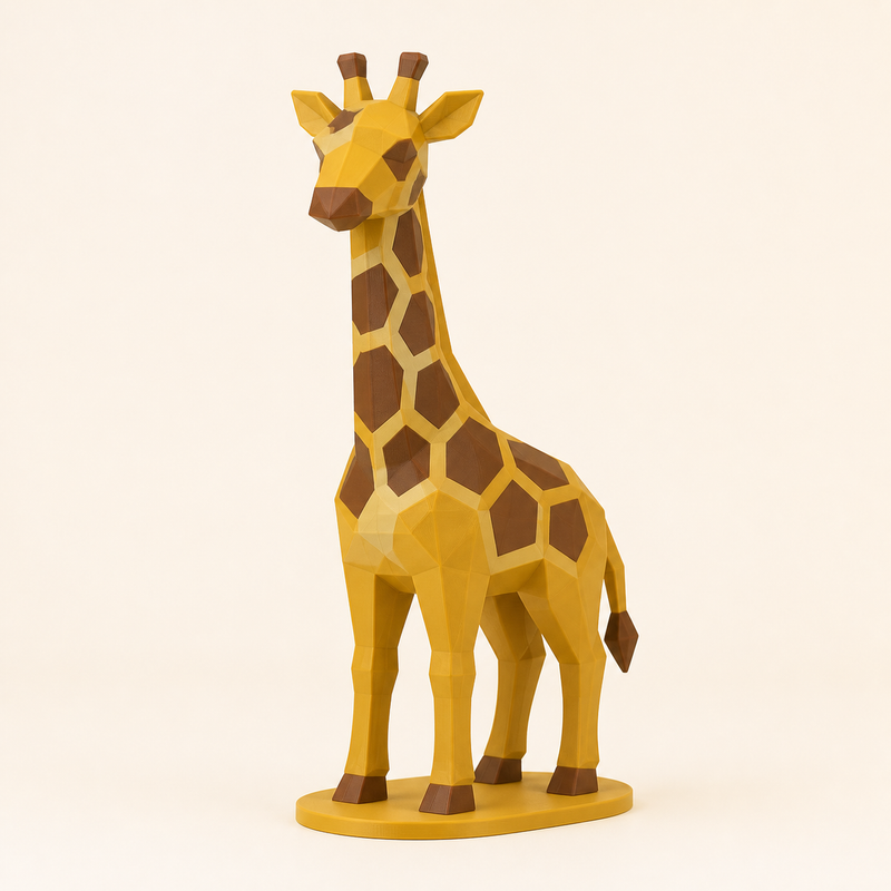 Giraffe-Low-Poly-Skulptur Facettenfigur aus 3D-gedrucktem PETG in Ockergelb, Kastanienbraun, Sandbeige