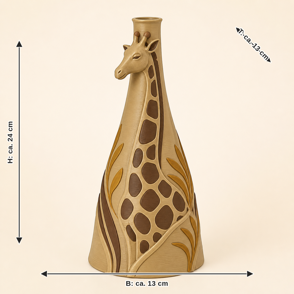 Maßbild für Giraffe-Trockenblumen-Vase Silhouettenvase: Breite ca. 13 cm, Tiefe ca. 13 cm, Höhe ca. 24 cm