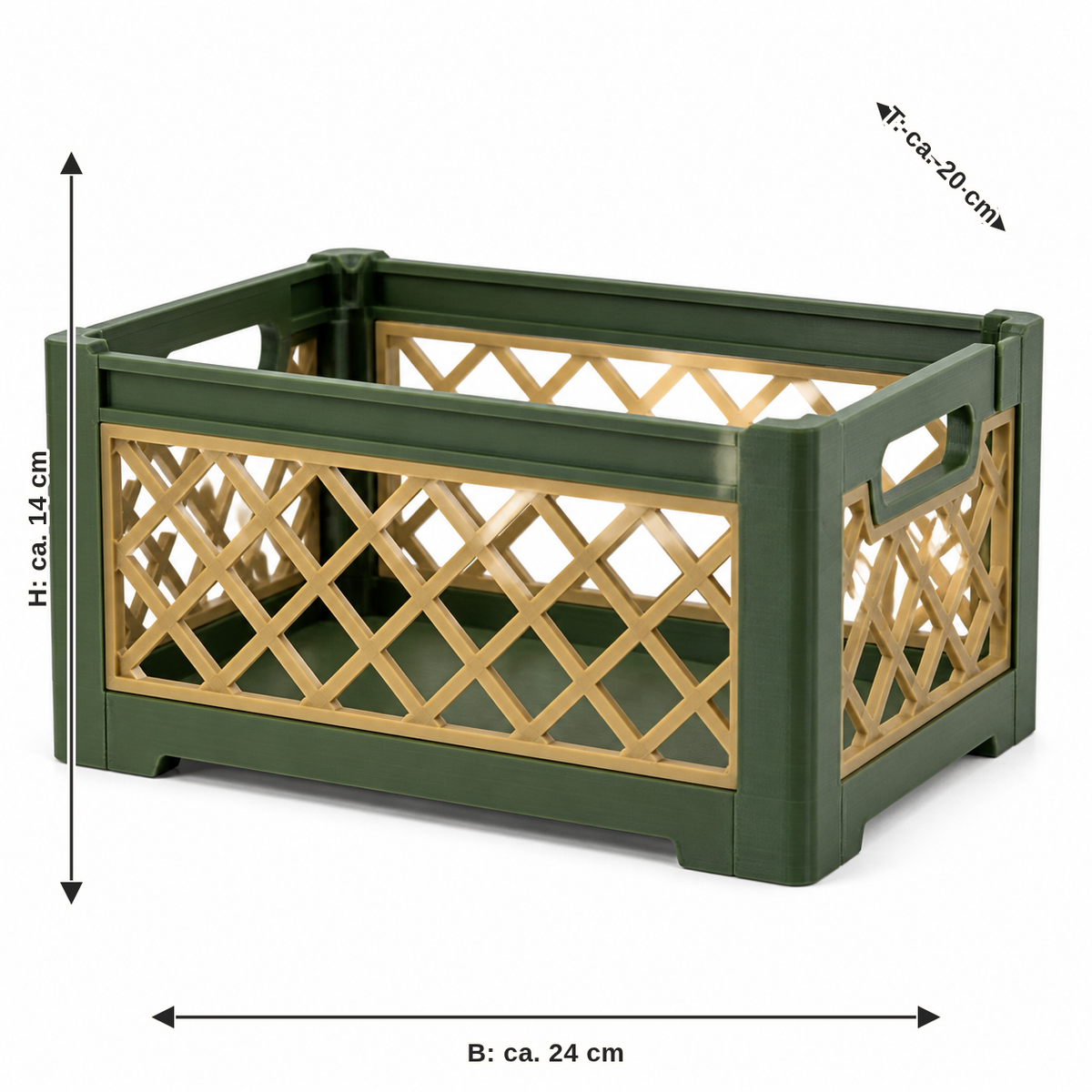 Dimensional image for grid box Emerald gold: width approx. 24 cm, depth approx. 20 cm, height approx. 14 cm