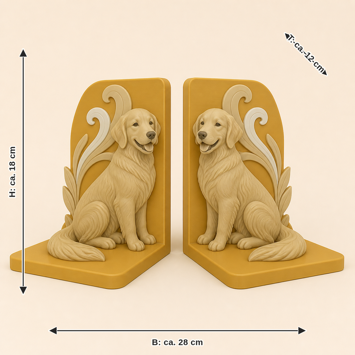 Maßbild für Golden Retriever-Buchstützen-Paar Wächterpaar: Breite ca. 28 cm, Tiefe ca. 12 cm, Höhe ca. 18 cm