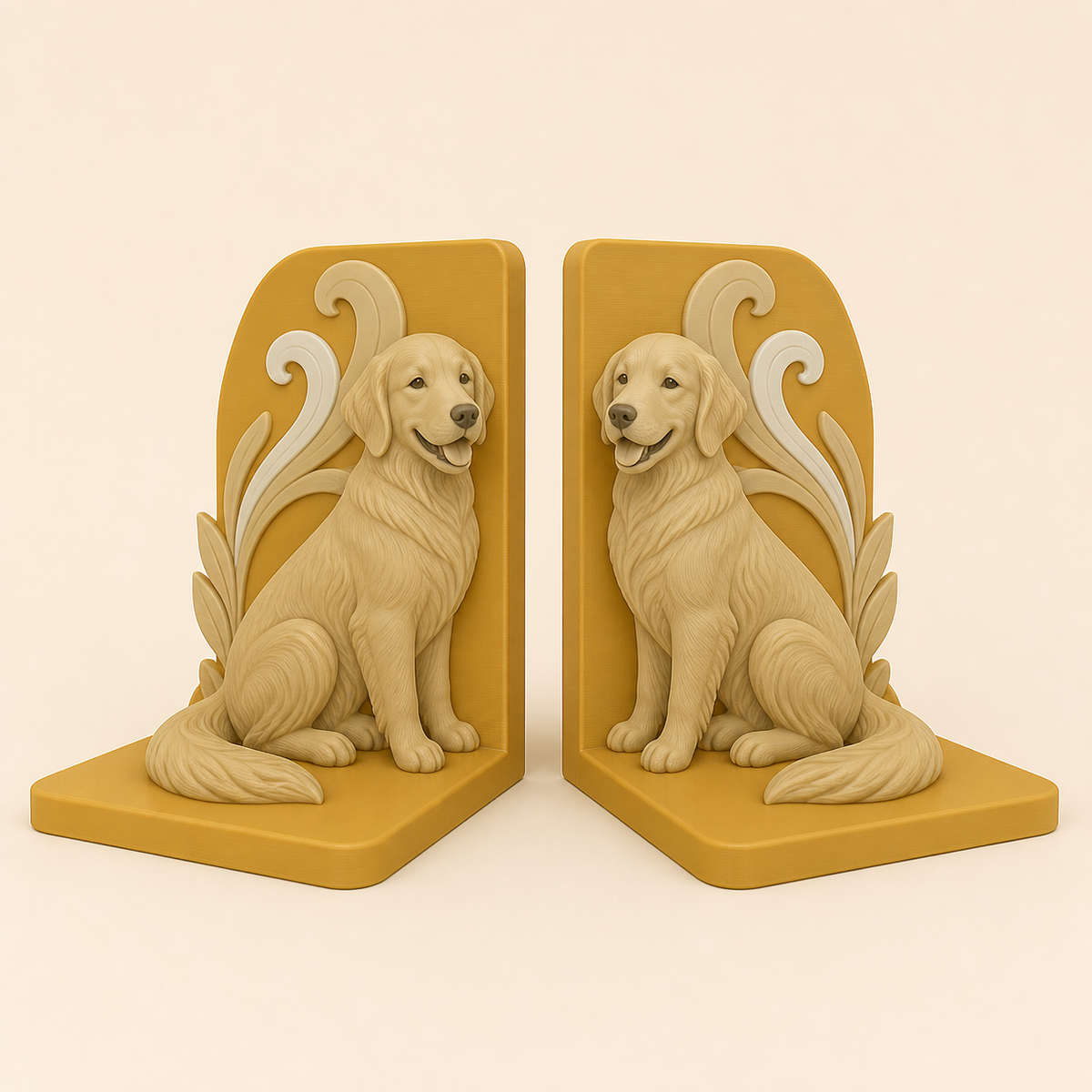 Golden Retriever-Buchstützen-Paar Wächterpaar aus 3D-gedrucktem PETG in Ockergelb, Sandbeige, Knochenweiß