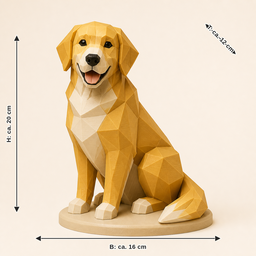 Maßbild für Golden Retriever-Low-Poly-Skulptur Facettenfigur: Breite ca. 16 cm, Tiefe ca. 12 cm, Höhe ca. 20 cm