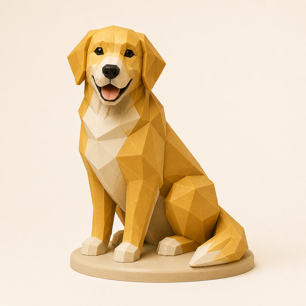 Golden Retriever-Low-Poly-Skulptur Facettenfigur aus 3D-gedrucktem PETG in Ockergelb, Sandbeige, Knochenweiß