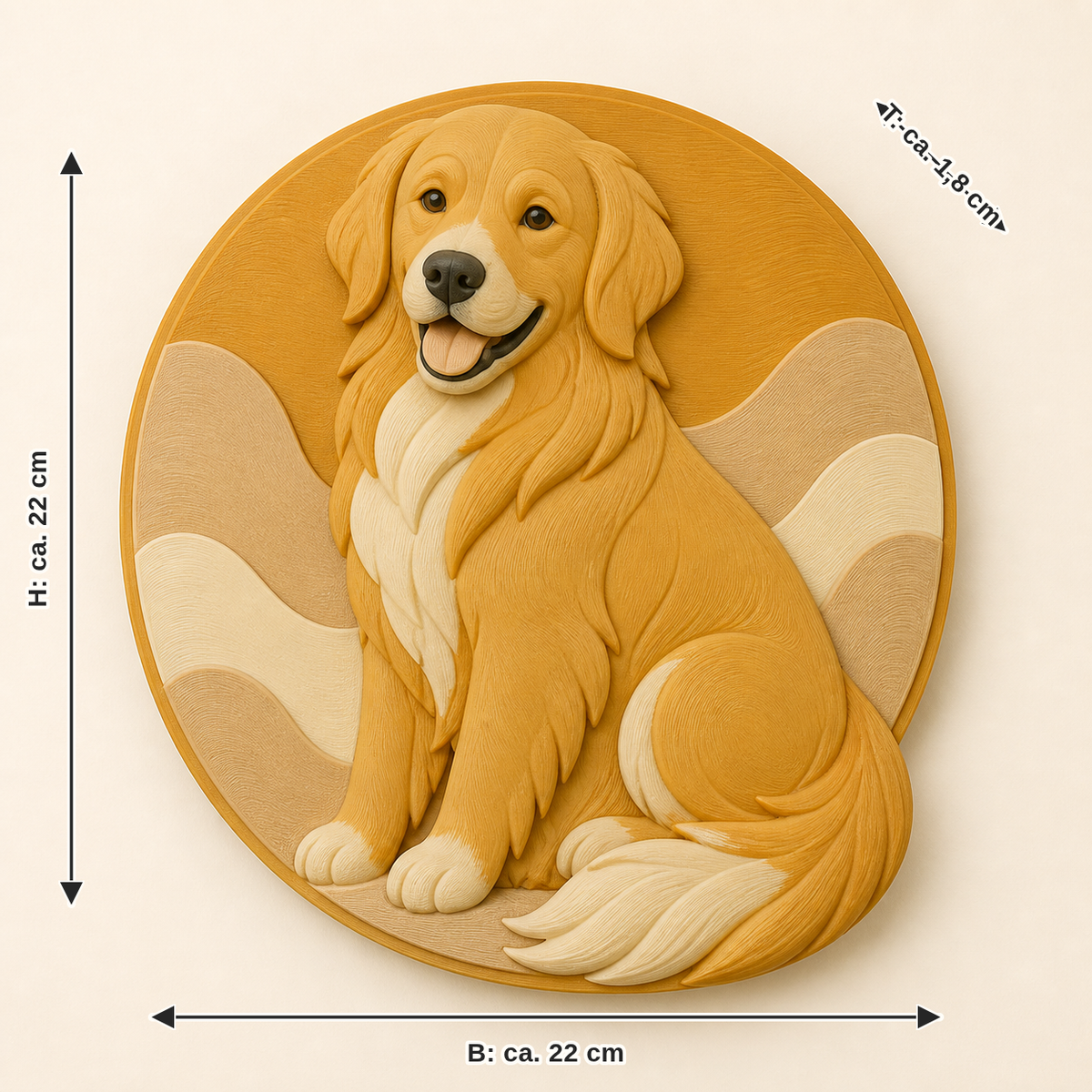 Maßbild für Golden Retriever-Wandrelief Tierporträt: Breite ca. 22 cm, Tiefe ca. 1.8 cm, Höhe ca. 22 cm