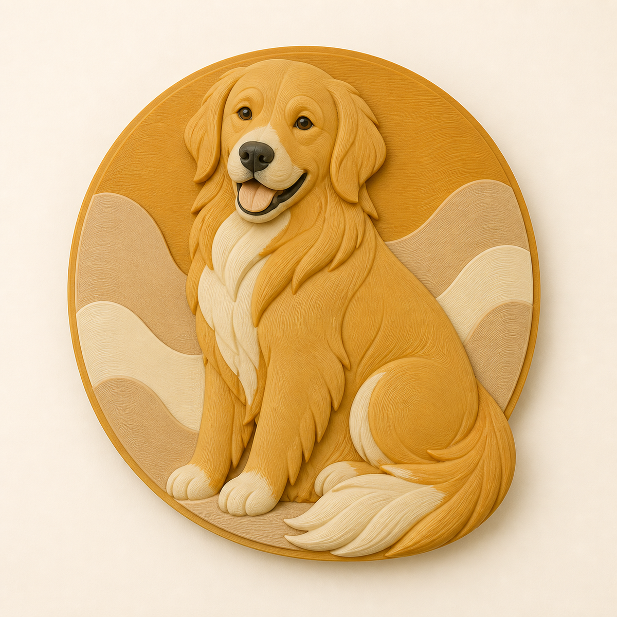 Golden Retriever-Wandrelief Tierporträt aus 3D-gedrucktem PETG in Ockergelb, Sandbeige, Knochenweiß