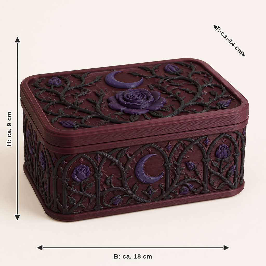 Maßbild für Gothischer Garten-Aufbewahrungsbox Dornenbox: Breite ca. 18 cm, Tiefe ca. 14 cm, Höhe ca. 9 cm