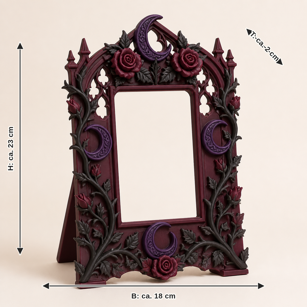 Maßbild für Gothischer Garten-Bilderrahmen Rosenrahmen: Breite ca. 18 cm, Tiefe ca. 2 cm, Höhe ca. 23 cm