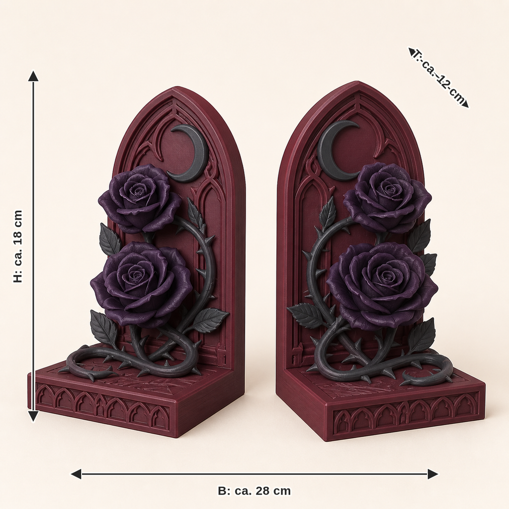 Maßbild für Gothischer Garten-Buchstützen-Paar Doppelrose: Breite ca. 28 cm, Tiefe ca. 12 cm, Höhe ca. 18 cm