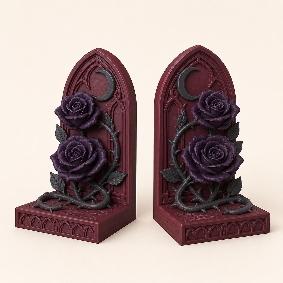 Gothischer Garten-Buchstützen-Paar Doppelrose aus 3D-gedrucktem PETG in Bordeaux, Anthrazit, Dunkelviolett