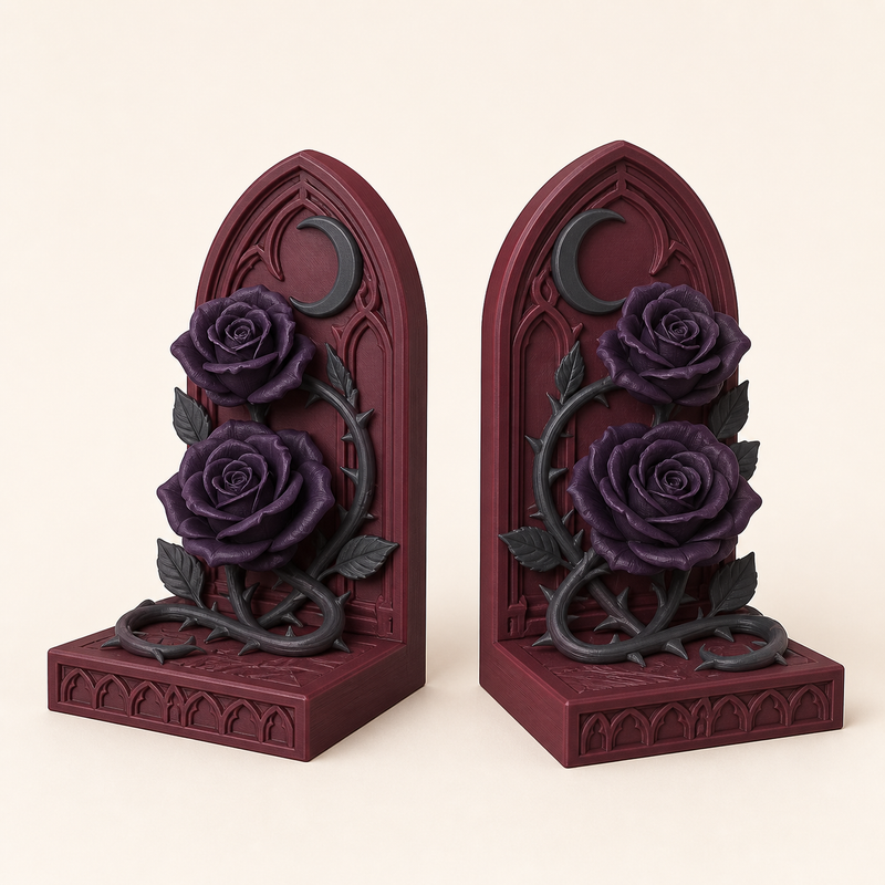 Gothischer Garten-Buchstützen-Paar Doppelrose aus 3D-gedrucktem PETG in Bordeaux, Anthrazit, Dunkelviolett
