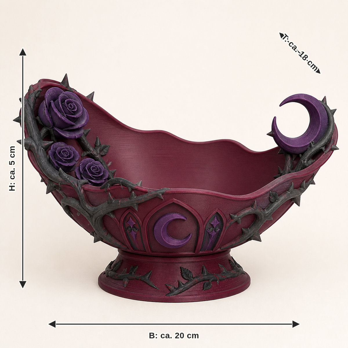 Maßbild für Gothischer Garten-Dekoschale Rosenmulde: Breite ca. 20 cm, Tiefe ca. 18 cm, Höhe ca. 5 cm