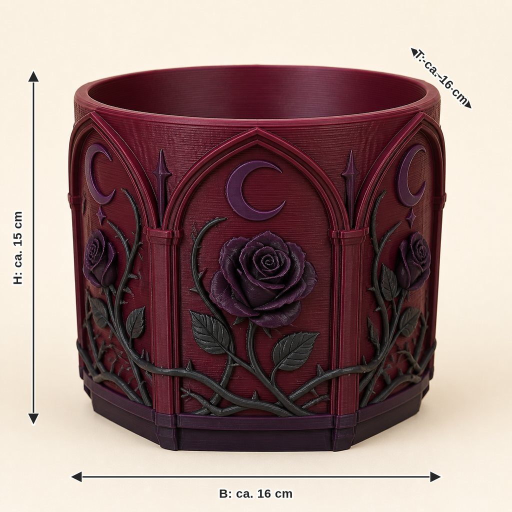 Maßbild für Gothischer Garten-Pflanzübertopf Rosentopf: Breite ca. 16 cm, Tiefe ca. 16 cm, Höhe ca. 15 cm