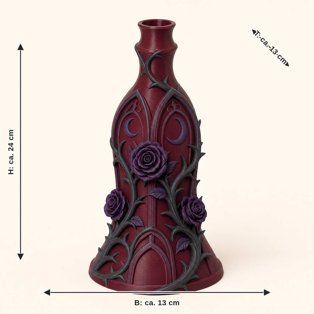 Maßbild für Gothischer Garten-Trockenblumen-Vase Dornvase: Breite ca. 13 cm, Tiefe ca. 13 cm, Höhe ca. 24 cm