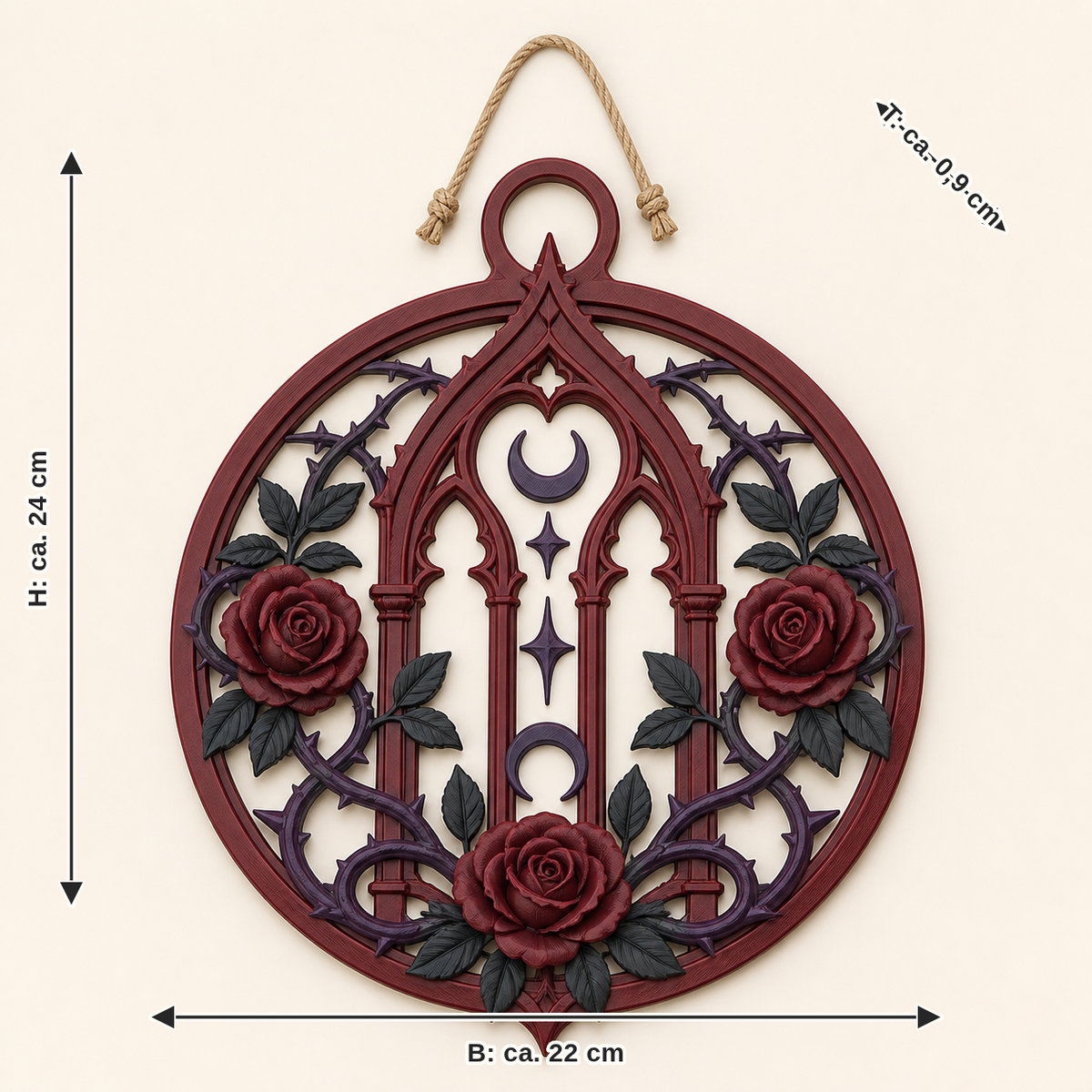 Maßbild für Gothischer Garten-Türhänger Dornenportal: Breite ca. 22 cm, Tiefe ca. 0.9 cm, Höhe ca. 24 cm