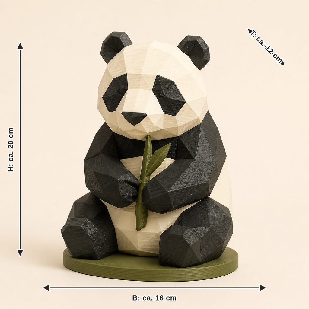 Maßbild für Großer Panda-Low-Poly-Skulptur Facettenfigur: Breite ca. 16 cm, Tiefe ca. 12 cm, Höhe ca. 20 cm
