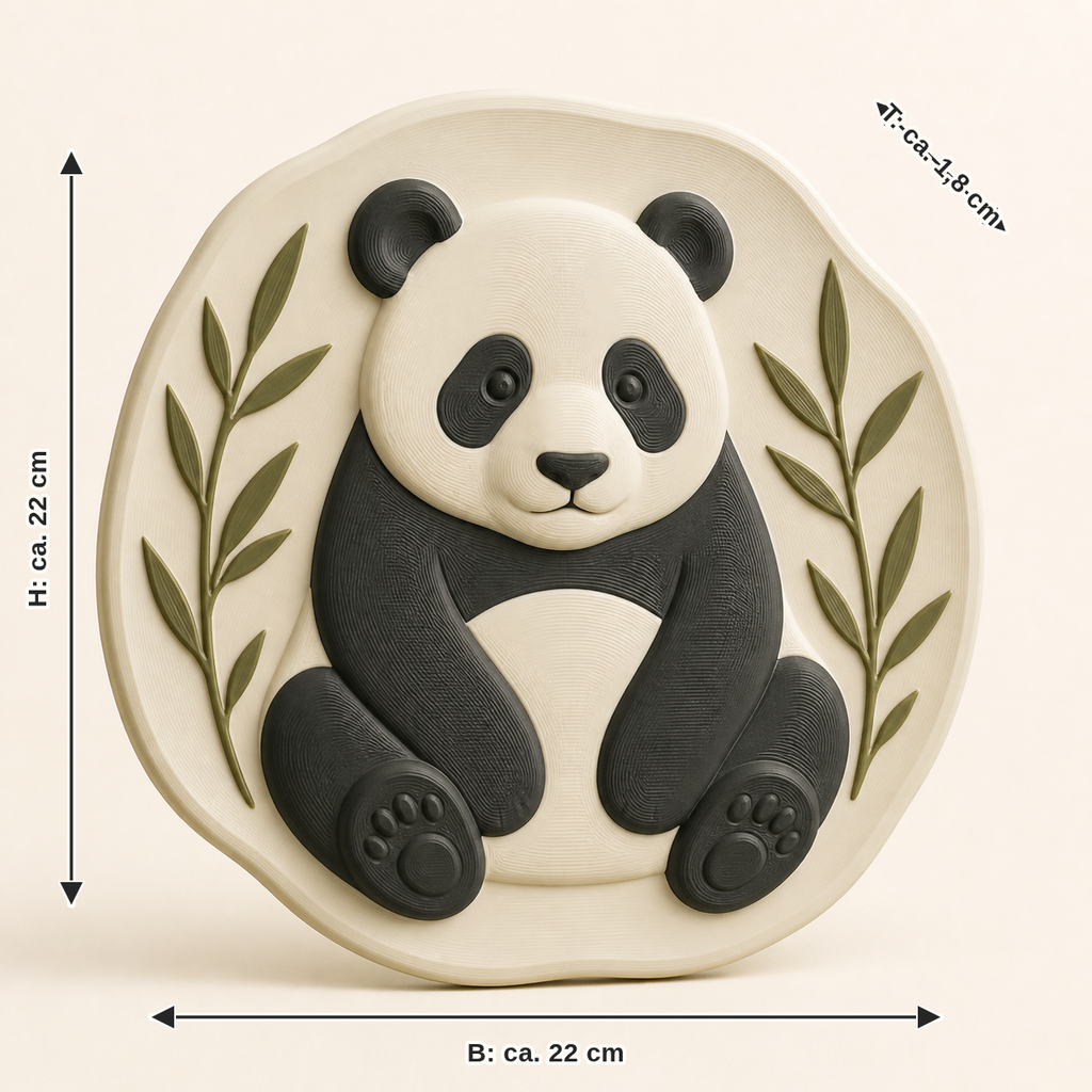 Maßbild für Großer Panda-Wandrelief Tierporträt: Breite ca. 22 cm, Tiefe ca. 1.8 cm, Höhe ca. 22 cm