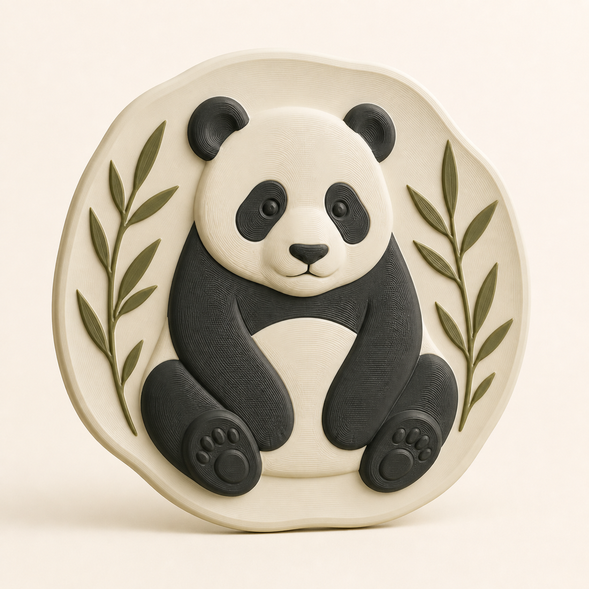 Großer Panda-Wandrelief Tierporträt aus 3D-gedrucktem PETG in Knochenweiß, Anthrazit, Olivgrün