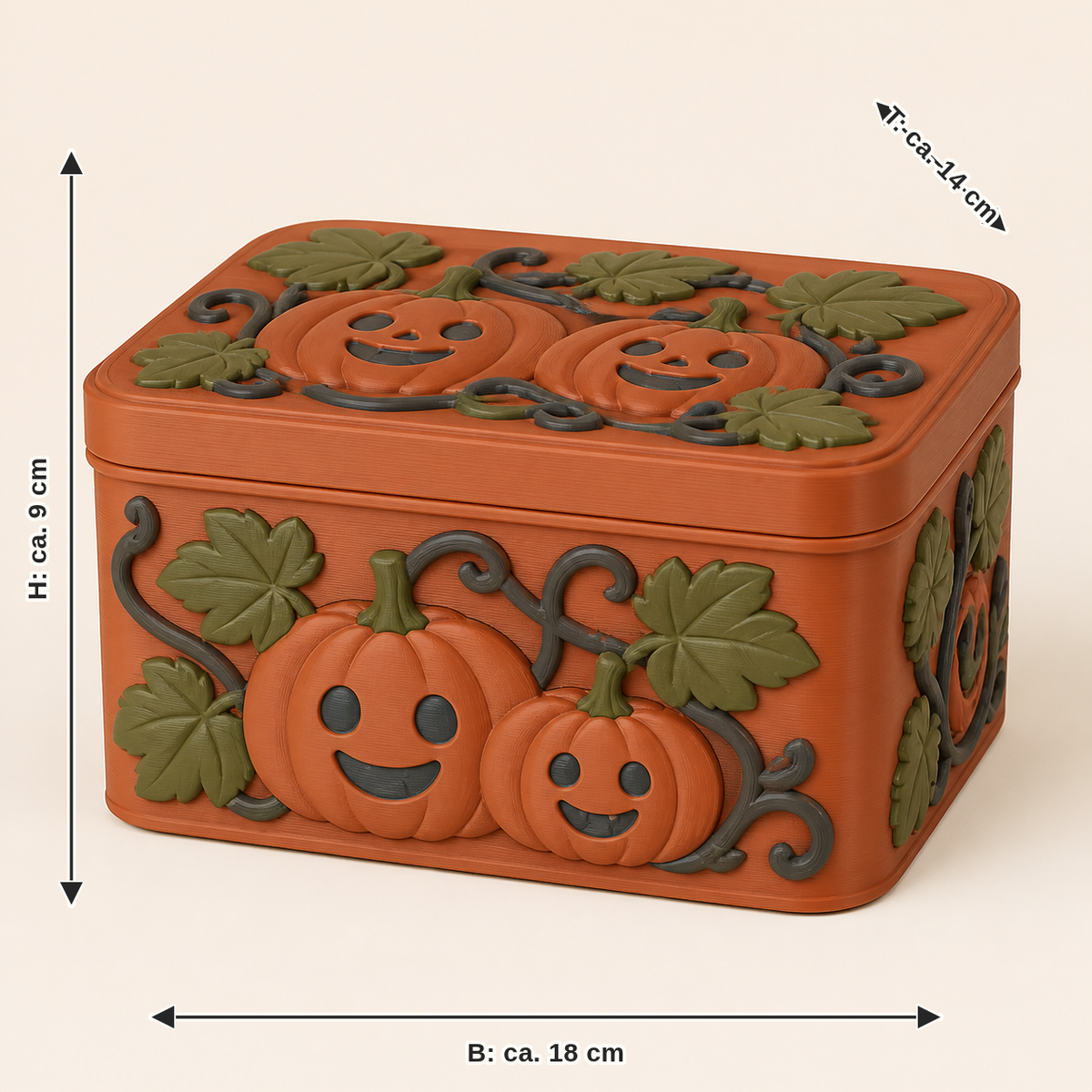 Maßbild für Gruselkürbis-Aufbewahrungsbox Fratzenbox: Breite ca. 18 cm, Tiefe ca. 14 cm, Höhe ca. 9 cm