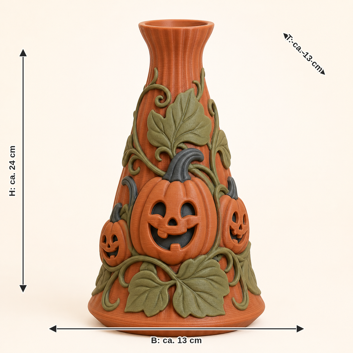 Maßbild für Gruselkürbis-Trockenblumen-Vase Fratzvase: Breite ca. 13 cm, Tiefe ca. 13 cm, Höhe ca. 24 cm