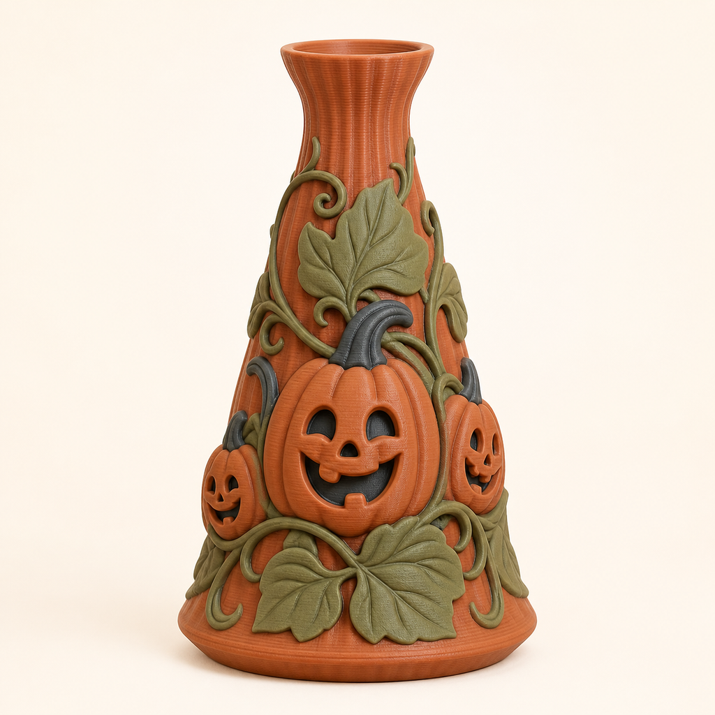Gruselkürbis-Trockenblumen-Vase Fratzvase aus 3D-gedrucktem PETG in Terrakotta, Olivgrün, Anthrazit