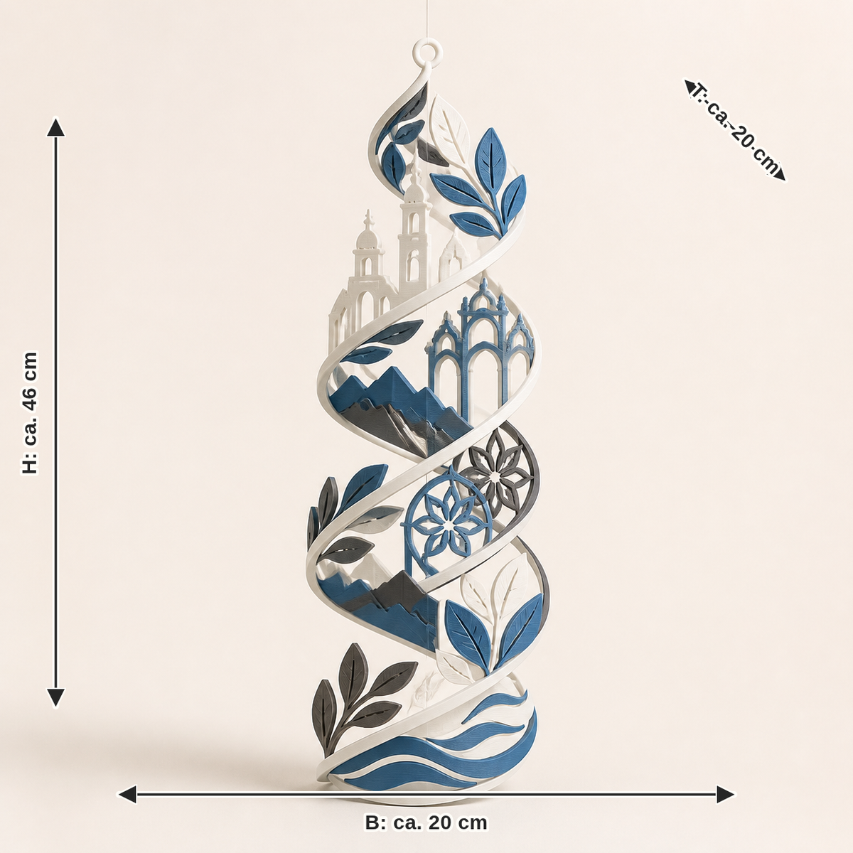 Dimensional image for hanging spiral Mirabell – Salzburg: width approx. 20 cm, depth approx. 20 cm, height approx. 46 cm